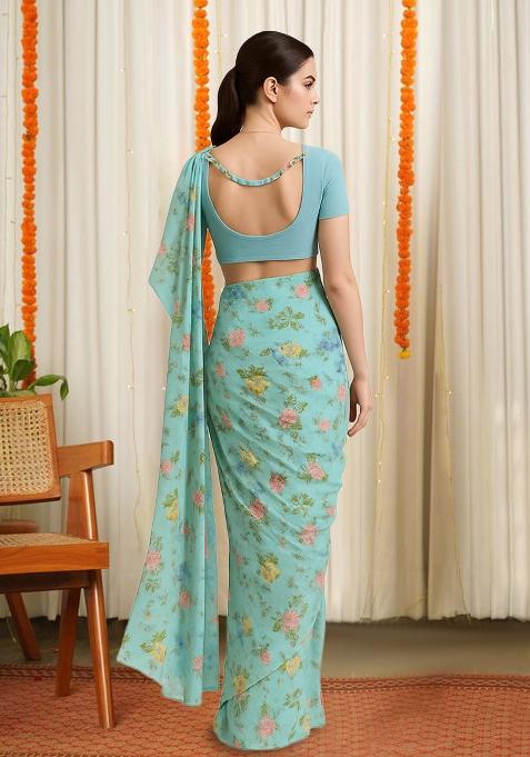 Blue Floral Print Satin Pre Draped Saree Set