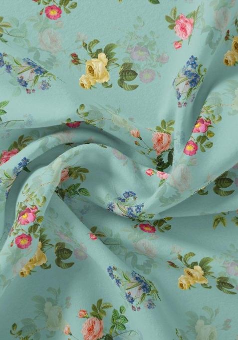 Blue Floral Print Satin Pre Draped Saree Set