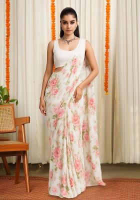 White Floral Print Satin Pre Draped Saree Set
