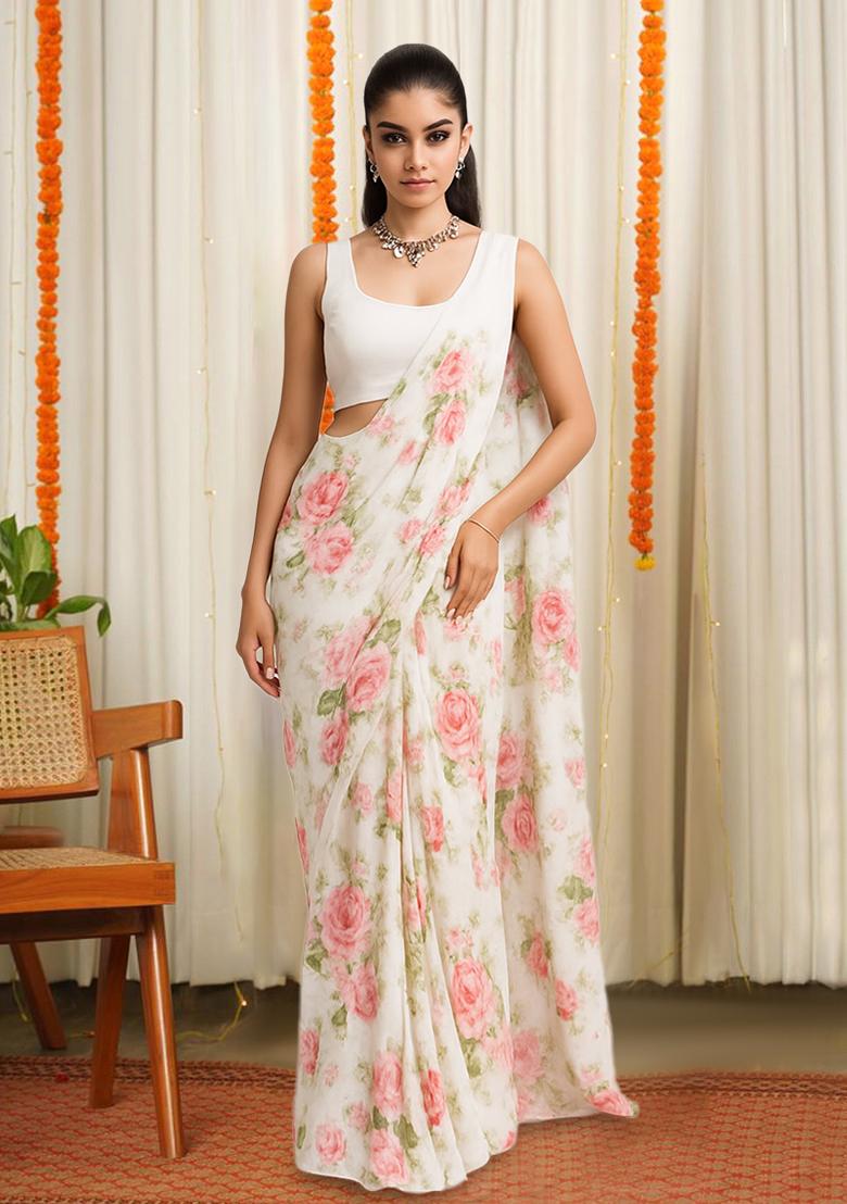 White Floral Print Satin Pre Draped Saree Set