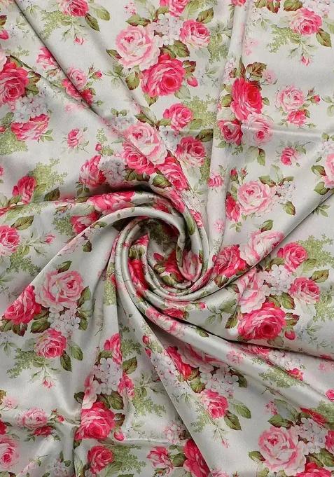 White Floral Print Satin Pre Draped Saree Set