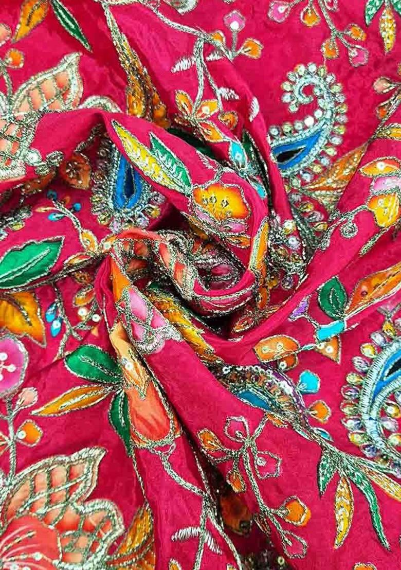 Rani Pink Floral Print Viscose Pre Draped Saree Set