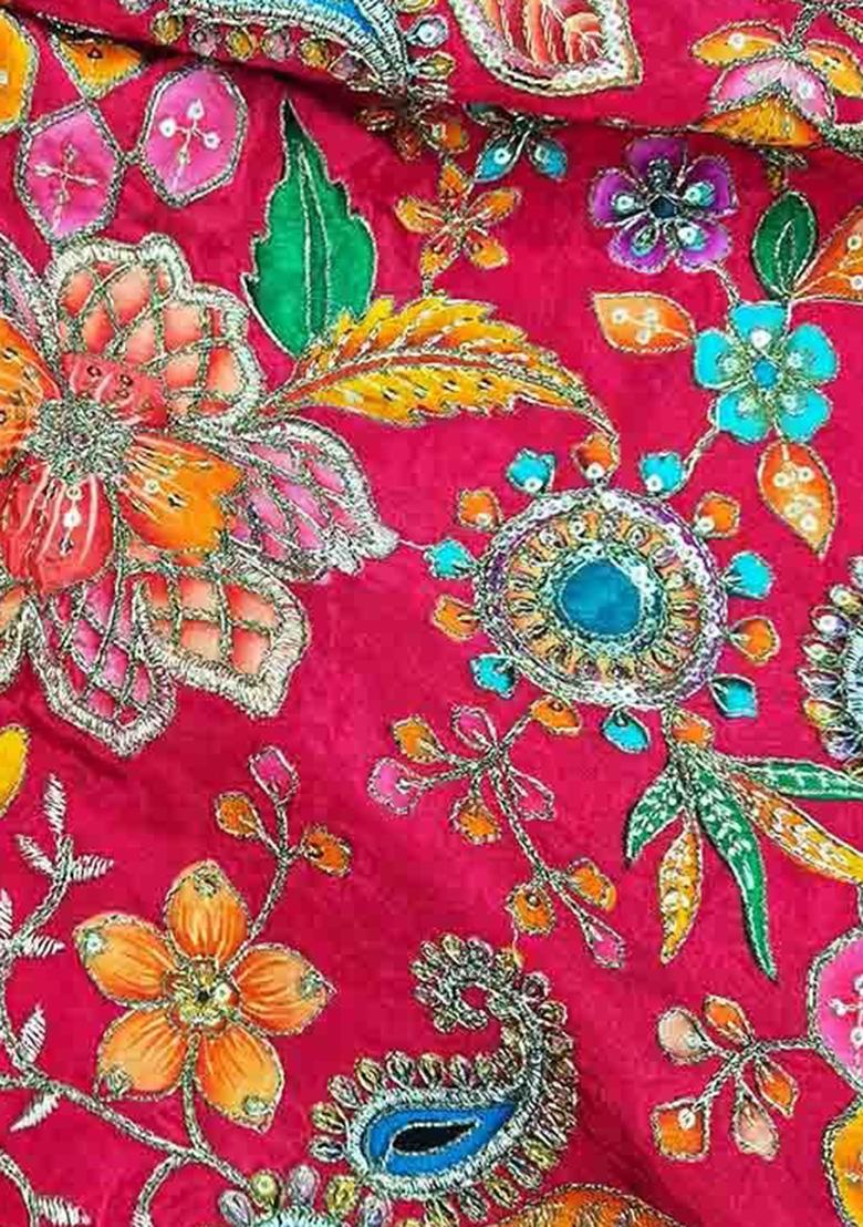 Rani Pink Floral Print Viscose Pre Draped Saree Set - Indya