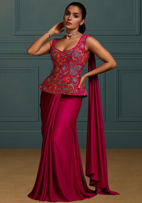 Rani Pink Floral Print Viscose Pre Draped Saree Set