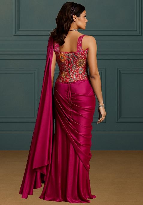 Rani Pink Floral Print Viscose Pre Draped Saree Set