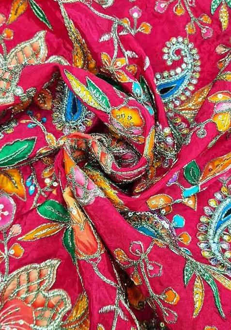 Rani Pink Floral Print Viscose Pre Draped Saree Set