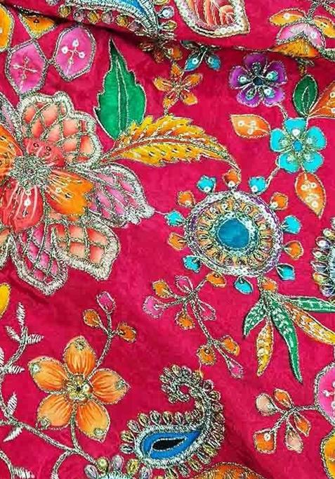 Rani Pink Floral Print Viscose Pre Draped Saree Set