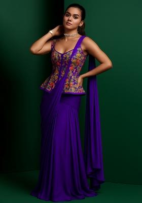 Purple Floral Print Viscose Pre Draped Saree Set