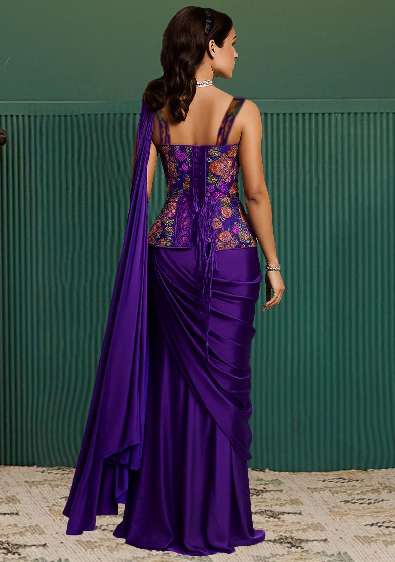Purple Floral Print Viscose Pre Draped Saree Set - Indya