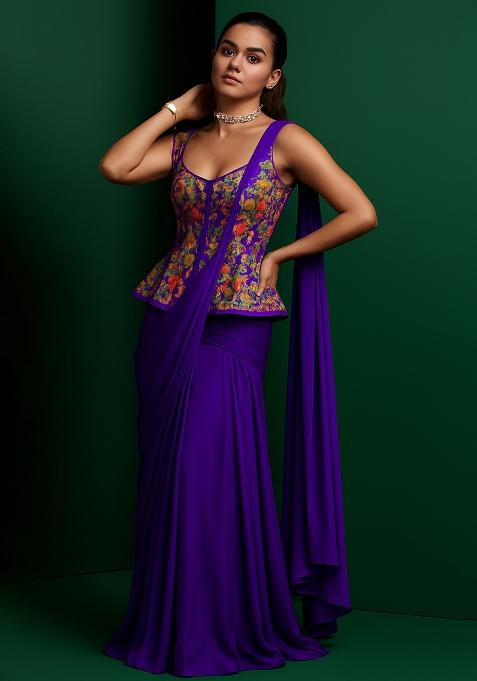 Purple Floral Print Viscose Pre Draped Saree Set