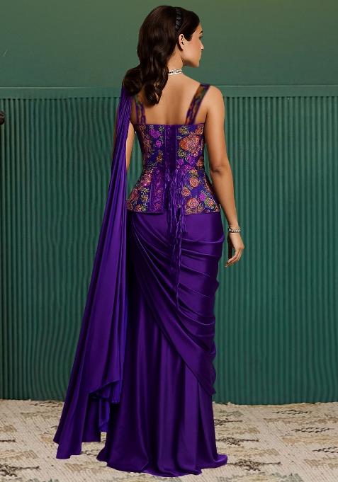 Purple Floral Print Viscose Pre Draped Saree Set