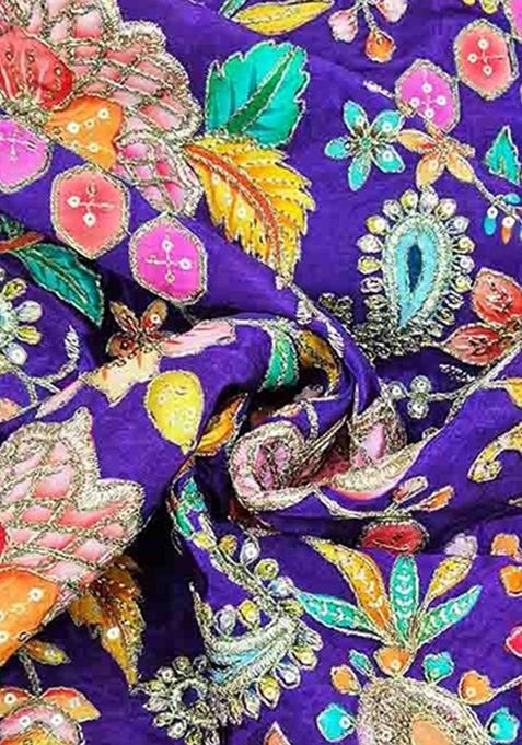 Purple Floral Print Viscose Pre Draped Saree Set