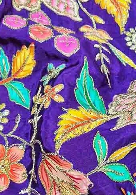 Purple Floral Print Viscose Pre Draped Saree Set