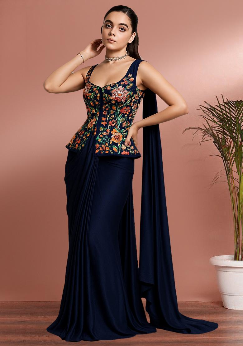 Black Floral Print Viscose Pre Draped Saree Set