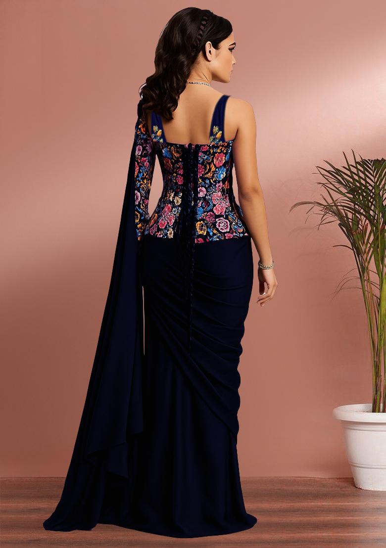 Black Floral Print Viscose Pre Draped Saree Set