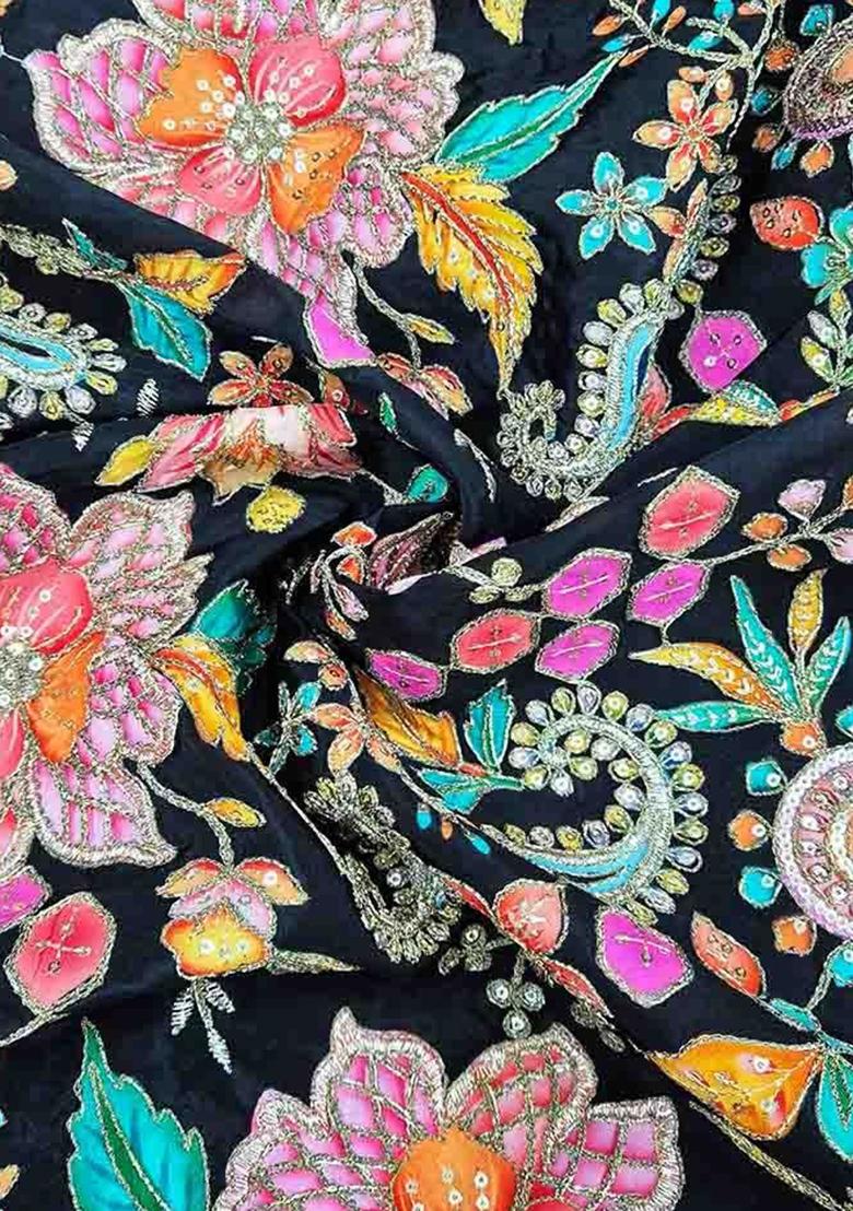 Black Floral Print Viscose Pre Draped Saree Set