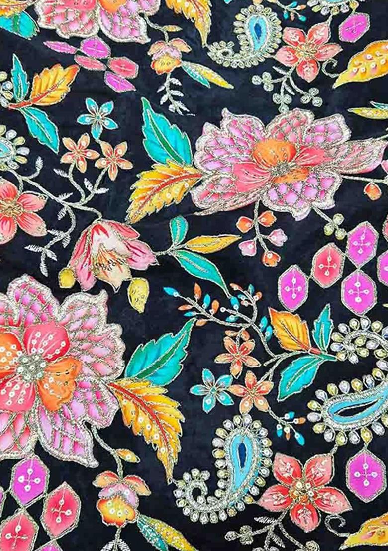 Black Floral Print Viscose Pre Draped Saree Set