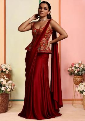 Rust Floral Print Viscose Pre Draped Saree Set