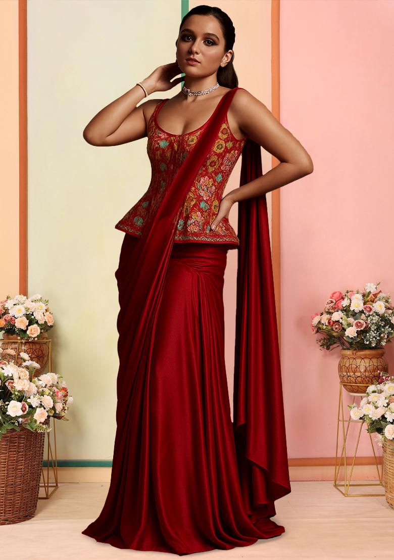 Rust Floral Print Viscose Pre Draped Saree Set