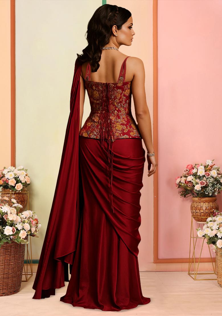 Rust Floral Print Viscose Pre Draped Saree Set