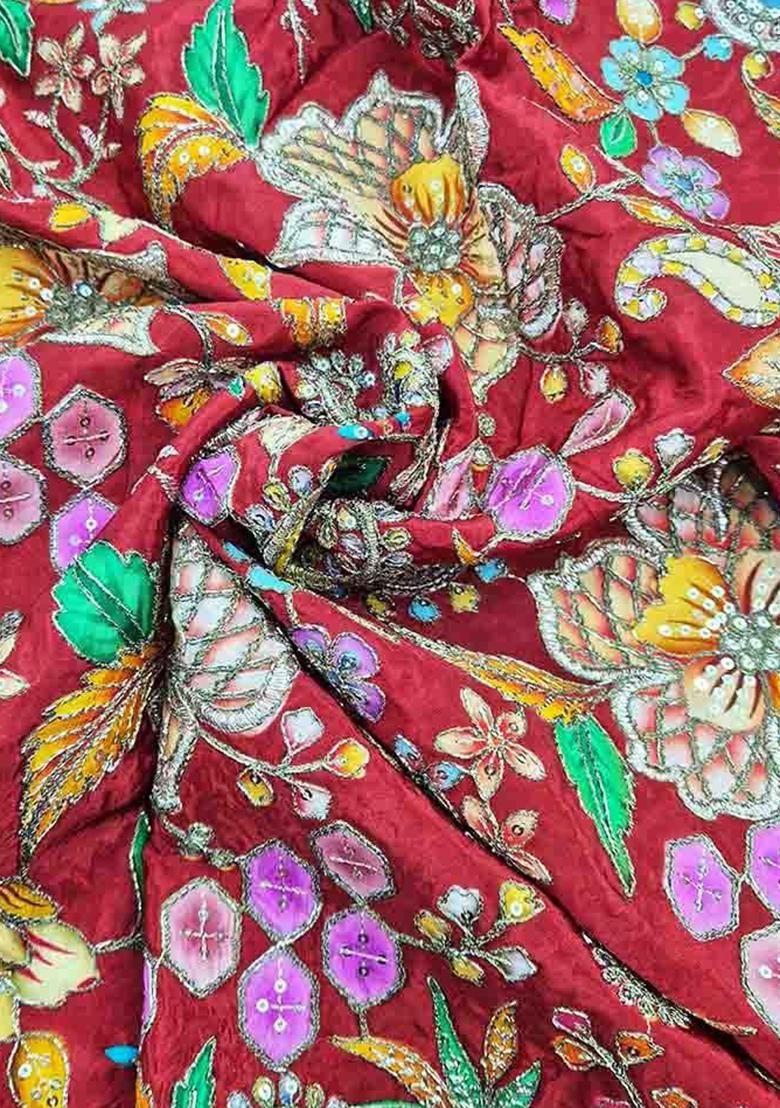 Rust Floral Print Viscose Pre Draped Saree Set