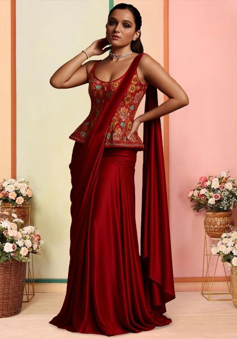 Rust Floral Print Viscose Pre Draped Saree Set