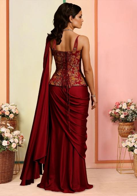 Rust Floral Print Viscose Pre Draped Saree Set