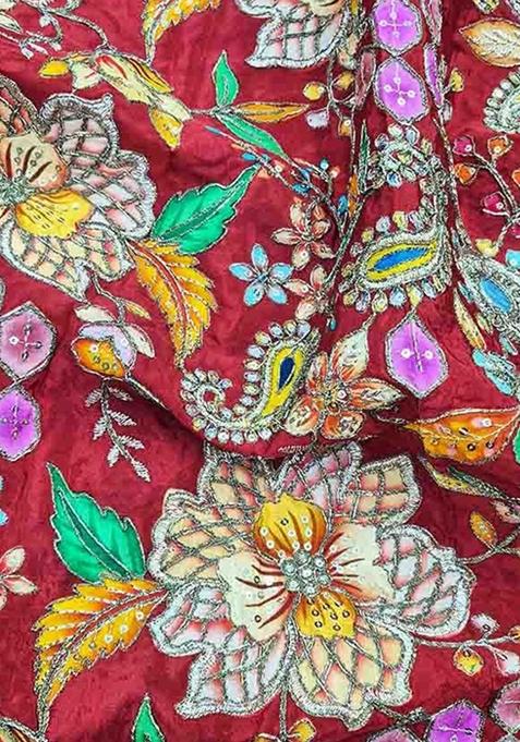 Rust Floral Print Viscose Pre Draped Saree Set