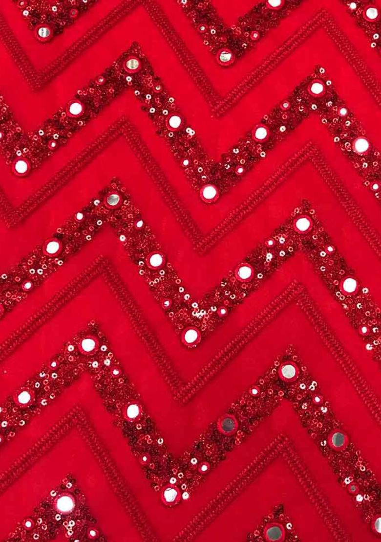 Red Embroidered Net Pre Draped Saree Set