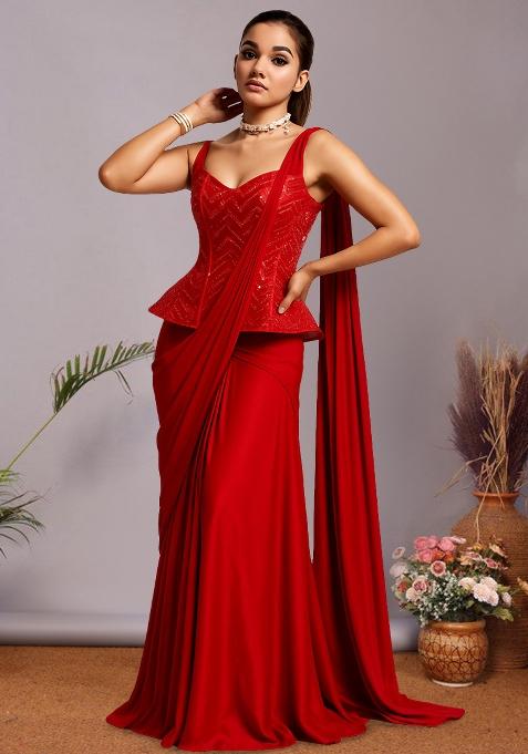 Red Embroidered Net Pre Draped Saree Set