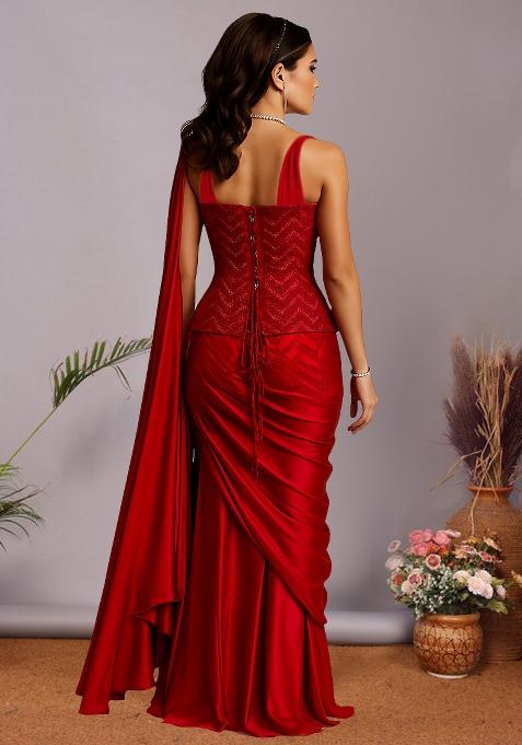 Red Embroidered Net Pre Draped Saree Set