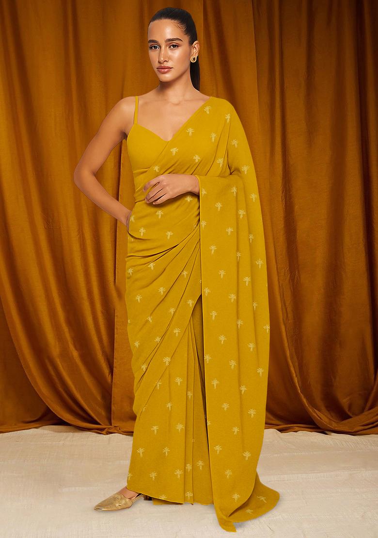 Mustard Printed Chanderi Pre Draped Saree Set