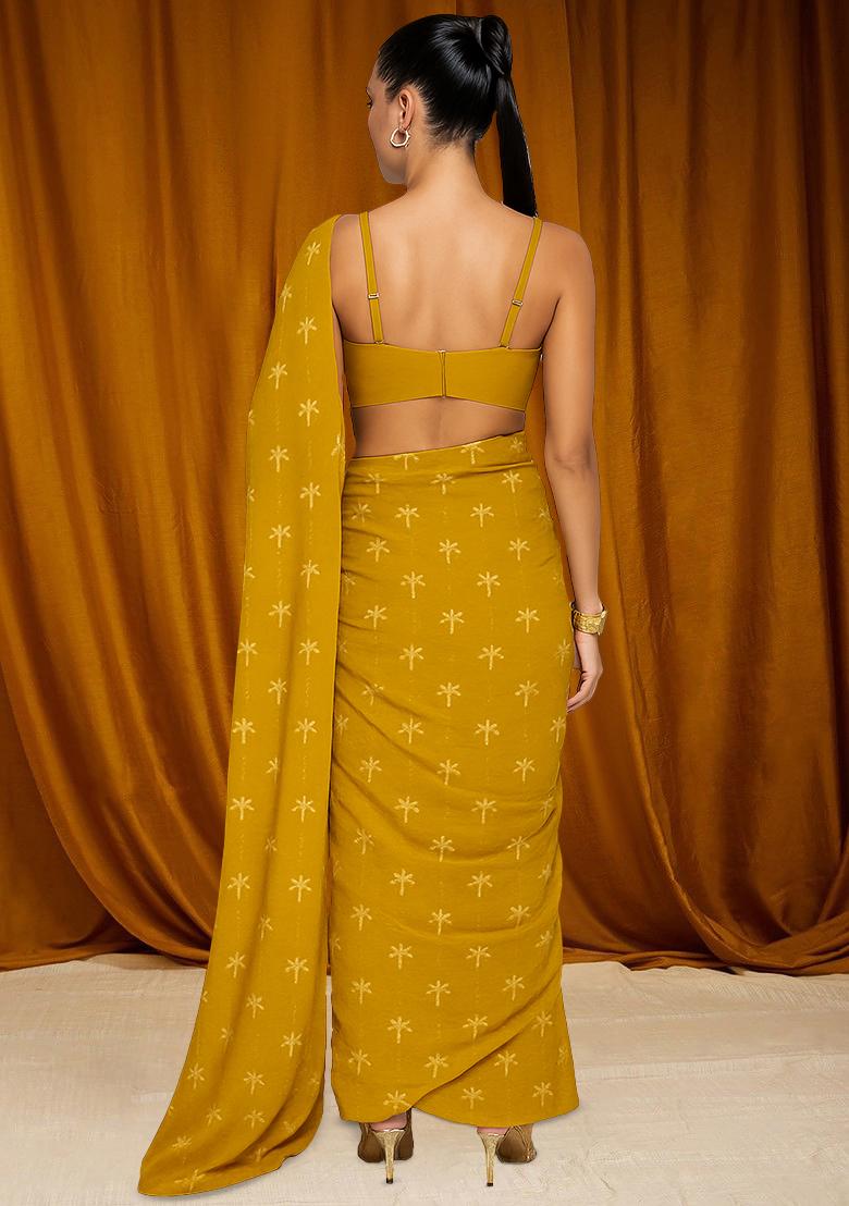 Mustard Printed Chanderi Pre Draped Saree Set