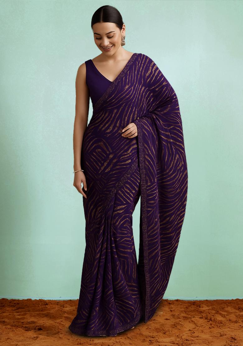Purple Printed Chanderi Pre Draped Saree Set