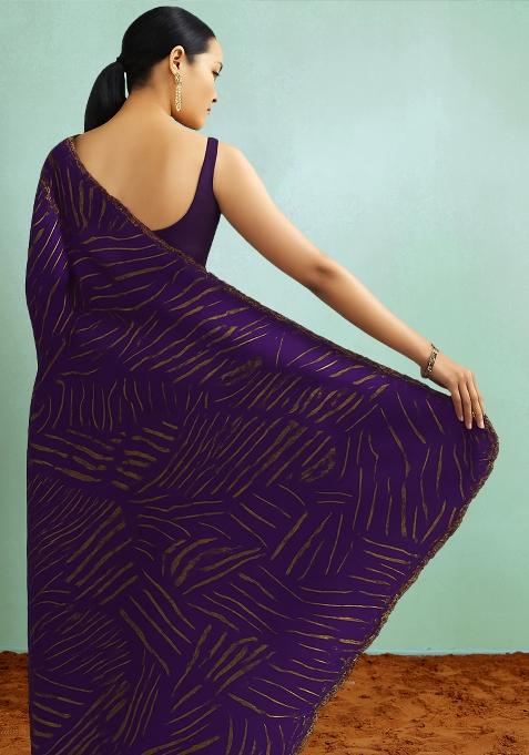 Purple Printed Chanderi Pre Draped Saree Set