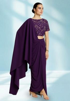 Purple Embroidered Net Pre Draped Saree Set