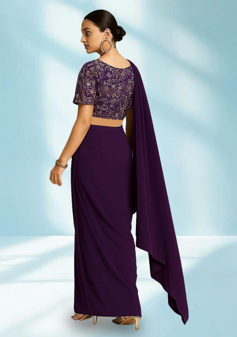 Purple Embroidered Net Pre Draped Saree Set - Indya