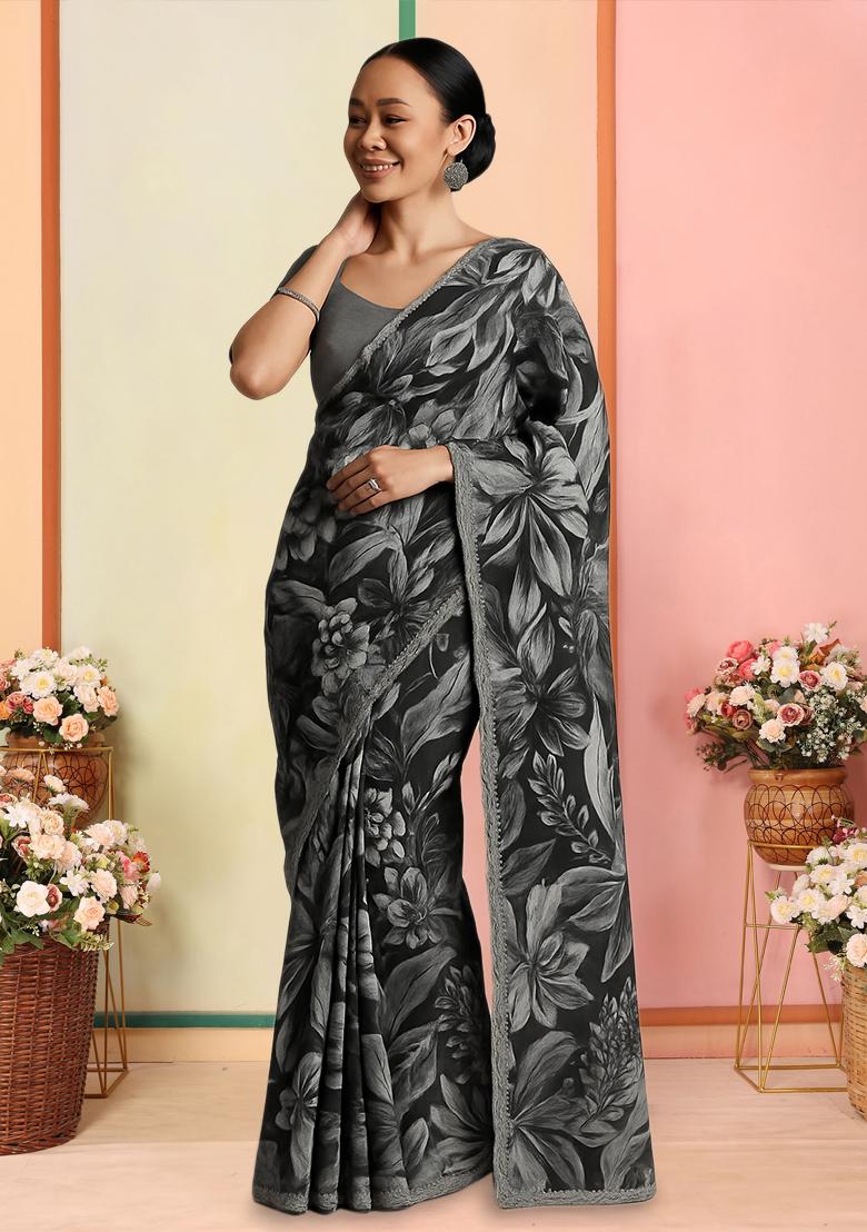 Multi Color Floral Print Chanderi Pre Draped Saree Set