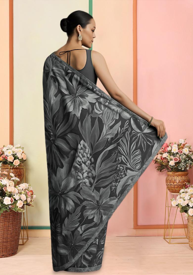 Multi Color Floral Print Chanderi Pre Draped Saree Set
