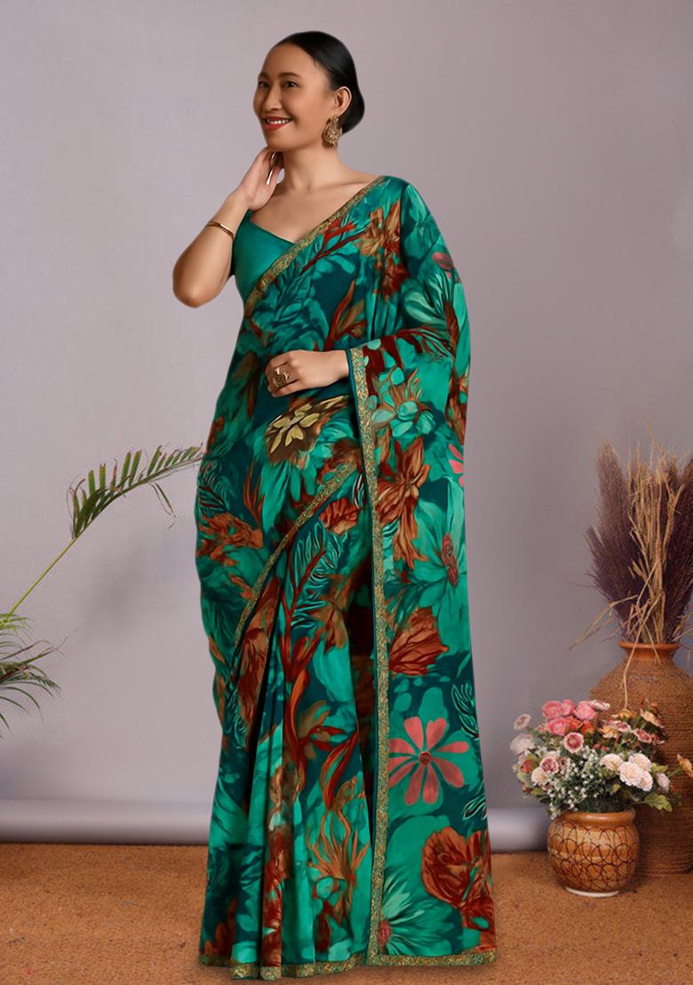 Multi Color Floral Print Chanderi Pre Draped Saree Set