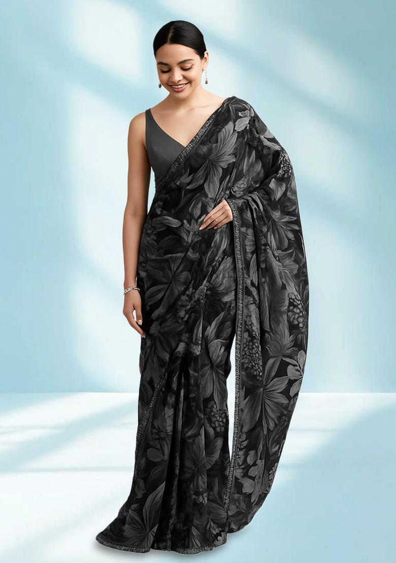 Multi Color Floral Print Chanderi Pre Draped Saree Set