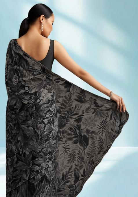 Multi Color Floral Print Chanderi Pre Draped Saree Set