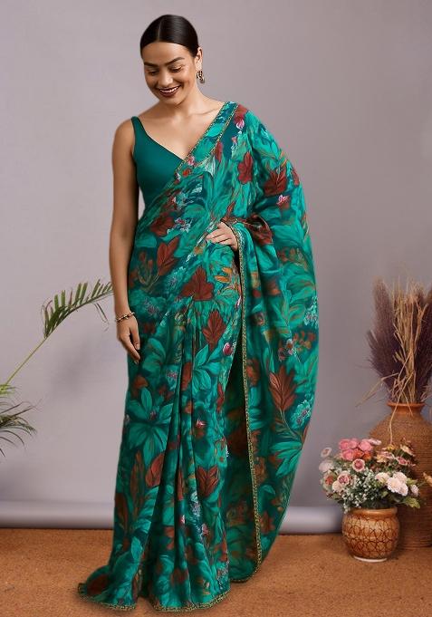 Multi Color Floral Print Chanderi Pre Draped Saree Set