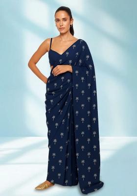 Blue Printed Chanderi Pre Draped Saree Set