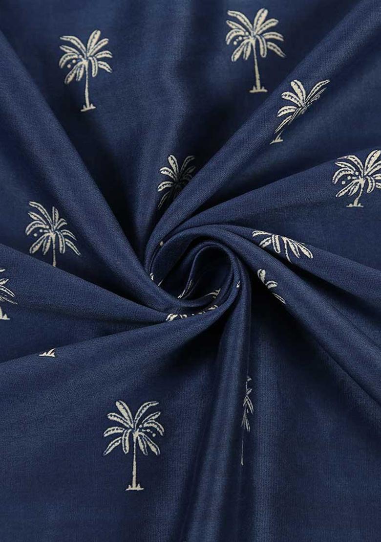 Blue Printed Chanderi Pre Draped Saree Set