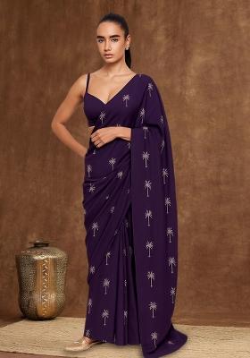 Purple Printed Chanderi Pre Draped Saree Set
