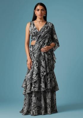 Multi Color Floral Print Chanderi Pre Draped Saree Set