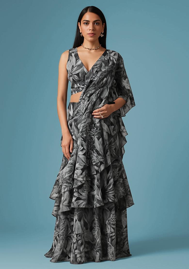 Multi Color Floral Print Chanderi Pre Draped Saree Set