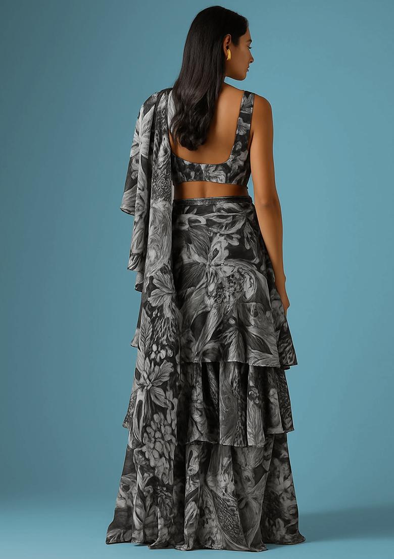 Multi Color Floral Print Chanderi Pre Draped Saree Set