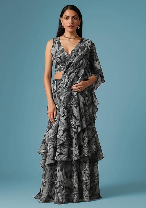 Multi Color Floral Print Chanderi Pre Draped Saree Set